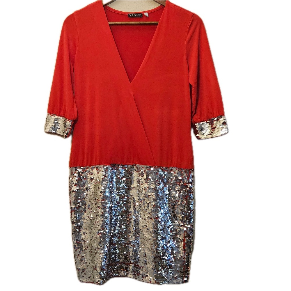 Venus Dress Womens Small Red Colorblock Wrap‎ Dress Sequin V-Neck Knee Length
